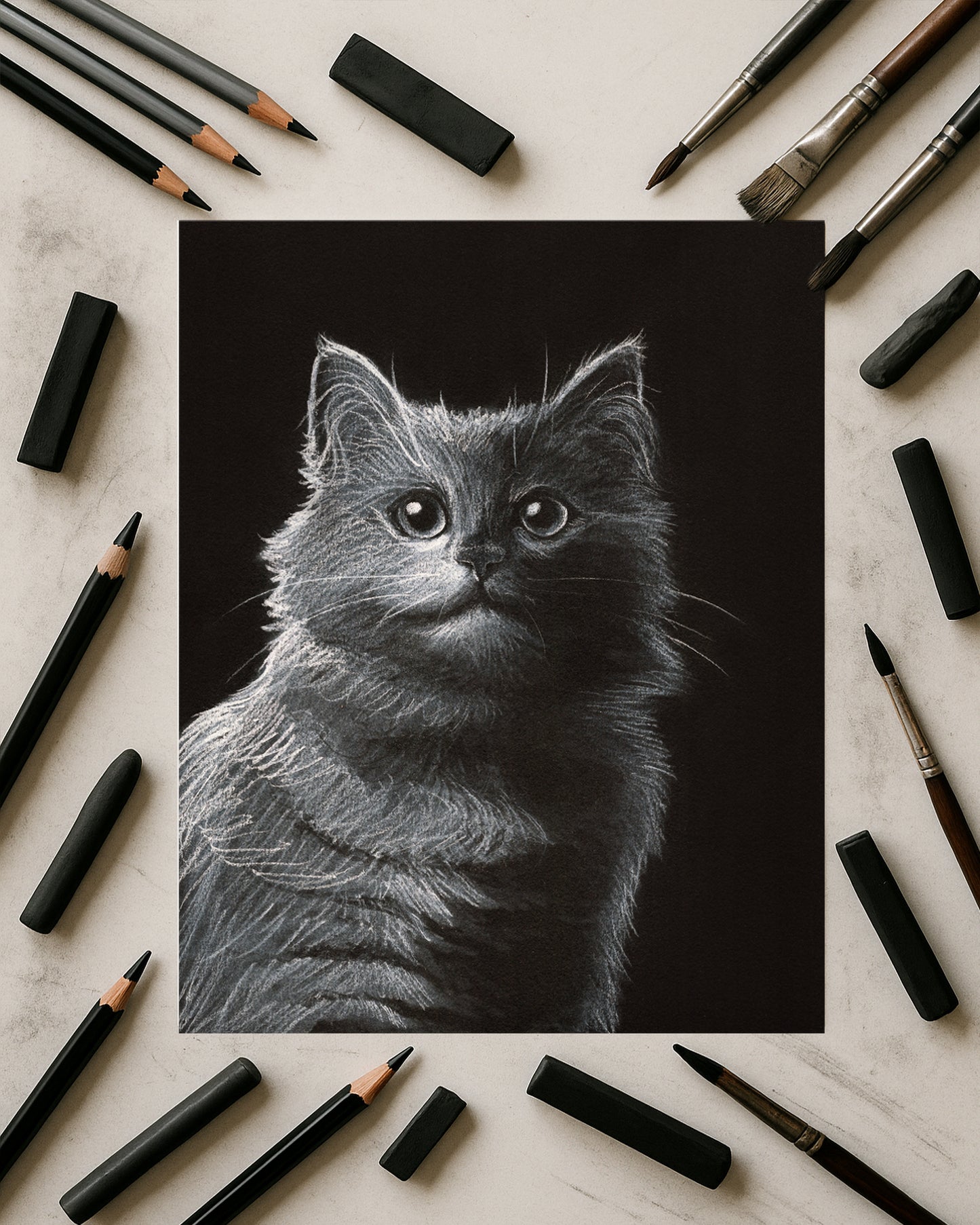 Custom White Charcoal Pet Portrait on Black Paper