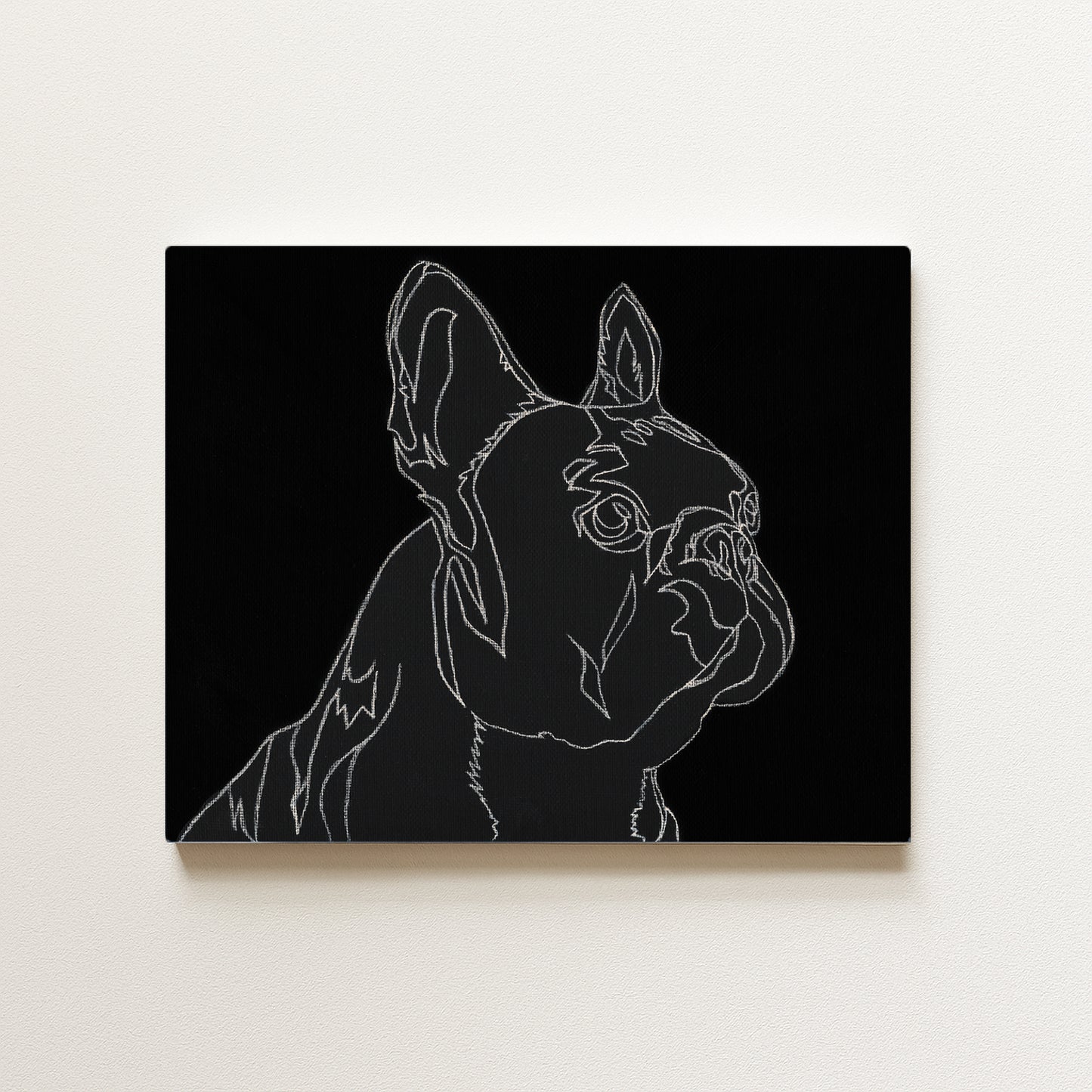 Custom White Charcoal Line Art Pet Portrait on Black Canvas