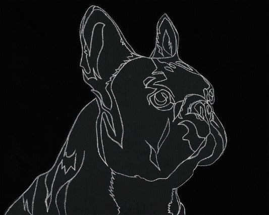 Custom White Charcoal Line Art Pet Portrait on Black Canvas