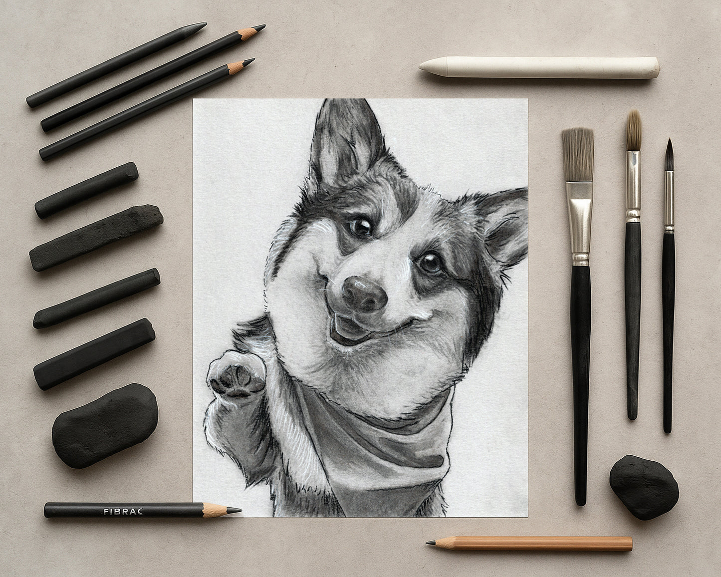 Custom Charcoal Pet Portrait on Gray Paper